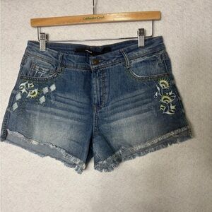 Harper Blue Embroidered Frayed-Hem Denim Shorts